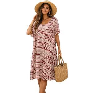 Ava Sky Striped Midi Dress Size S Burgundy White Short Sleeve Hawaii Relaxed